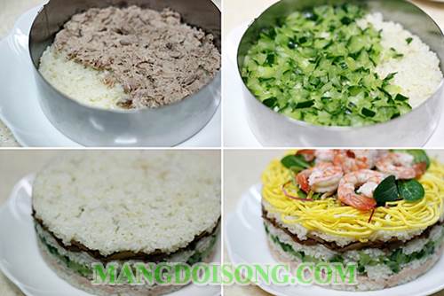 Cách làm bánh gato cơm tôm trứng cá hấp dẫn đẹp mắt cho ngày sinh nhật hay kỉ niệm ngày cưới 5