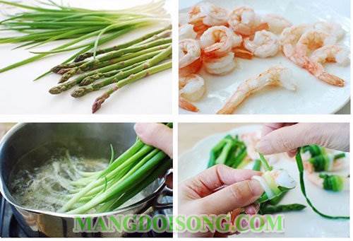Cách làm tôm cuốn hành hương măng tây chấm sốt mù tạt dùng để khai vị cho bữa tiệc tại gia thêm ngon 2
