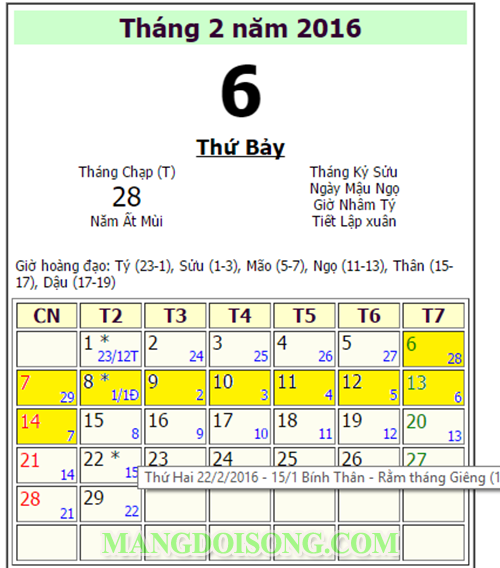 Lịch nghĩ tết nguyên đán ( âm lịch ) bính thân 2016 kéo dài 9 ngày 2