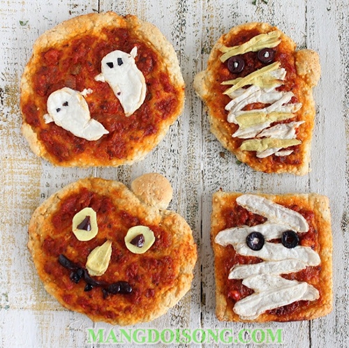 Món ngon Halloween bánh pizza hình con ma độc đáo ngon miệng dễ làm 8