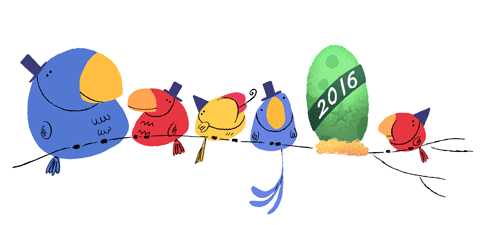Google chúc mừng năm mới 2016 bằng cách thay đổi logo bằng một hình ảnh động của 5 chú chim và 1 quả trứng 