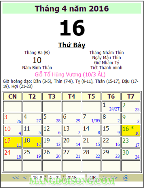 Lịch nghĩ Giỗ tổ Hùng Vương 2016 nhằm ngày 10 - 3 - Bính Thân 1