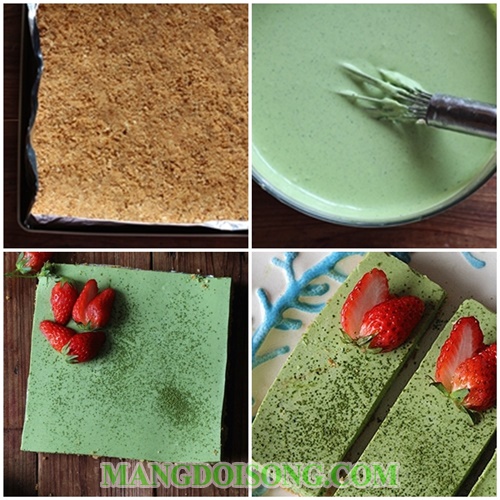 Cách làm cheesecake trà xanh dâu ngon bắt mắt không cần lò nướng 5